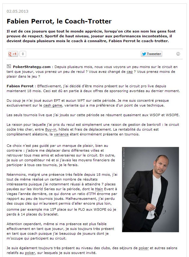 Article sur Poker Strategy le 2 mai 2013 - Fabien Perrot le Coach-Trotter